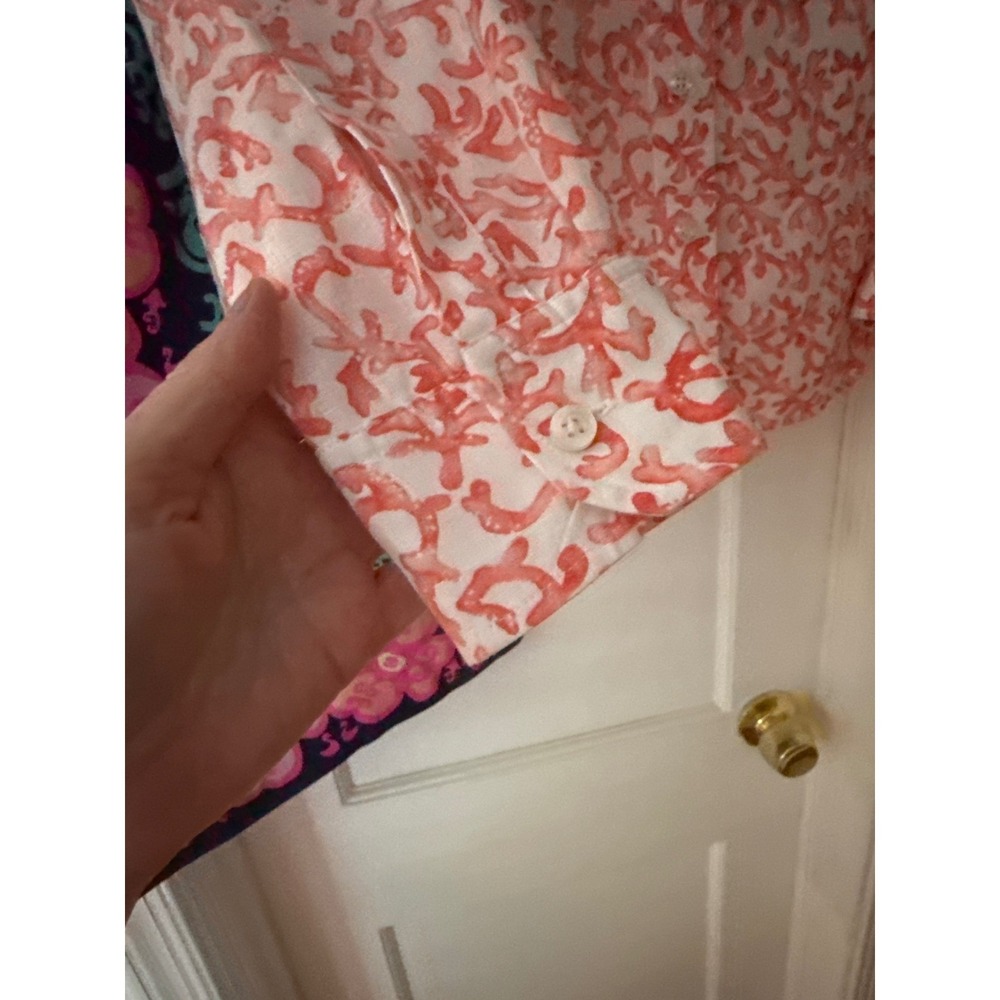 Tommy Bahama Womens Large Linen Blend Coral Reef Print Button Up Shirt Orange. L - Picture 4 of 12
